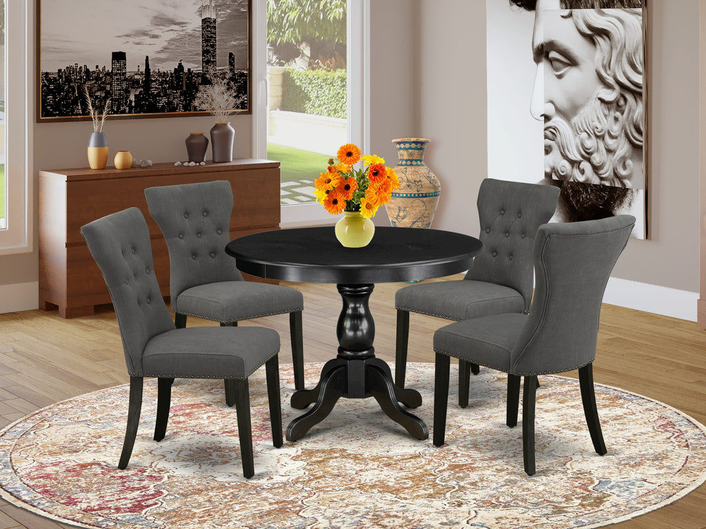 HBGA5-1WO-FZ Oak Finish Set Round Table with Base & 4 Gotham Linen Upholstered Chairs, 42