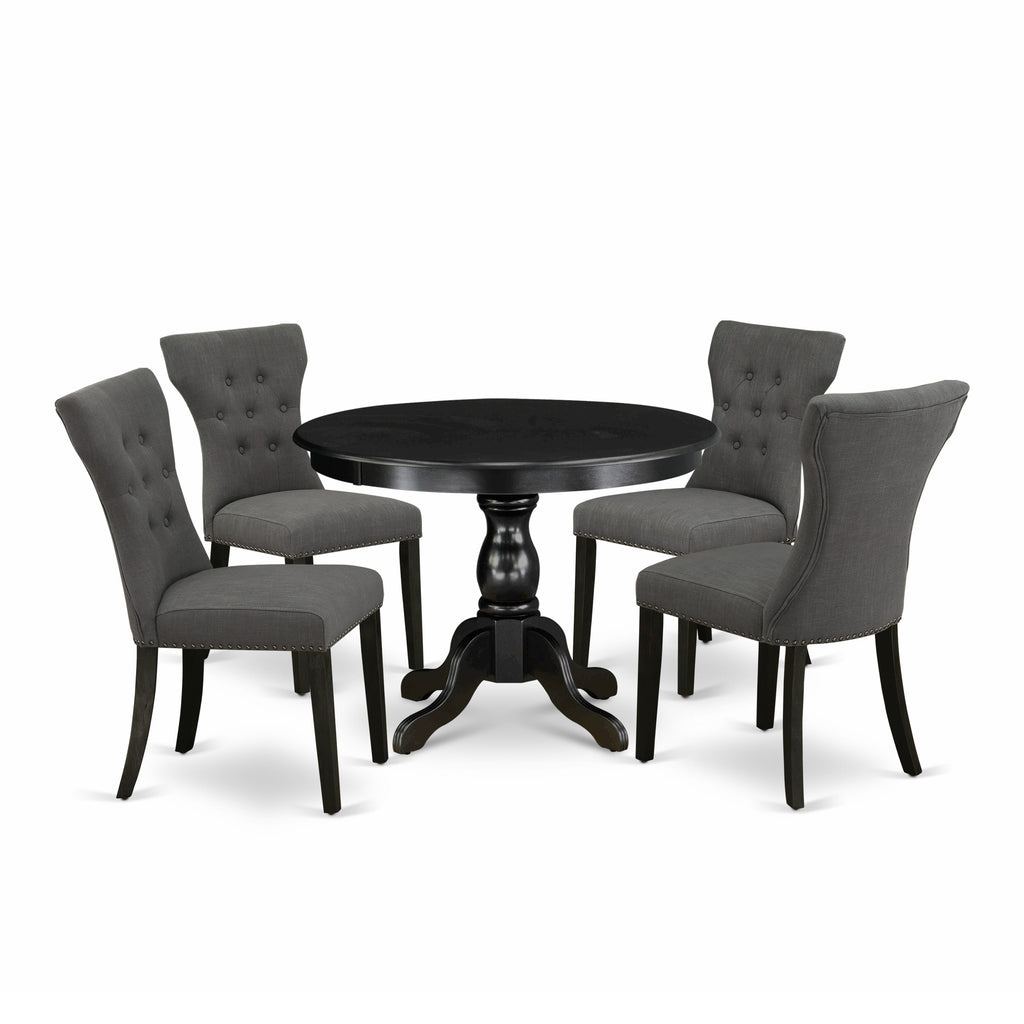 HBGA5-1WO-FZ Oak Finish Set Round Table with Base & 4 Gotham Linen Upholstered Chairs, 42