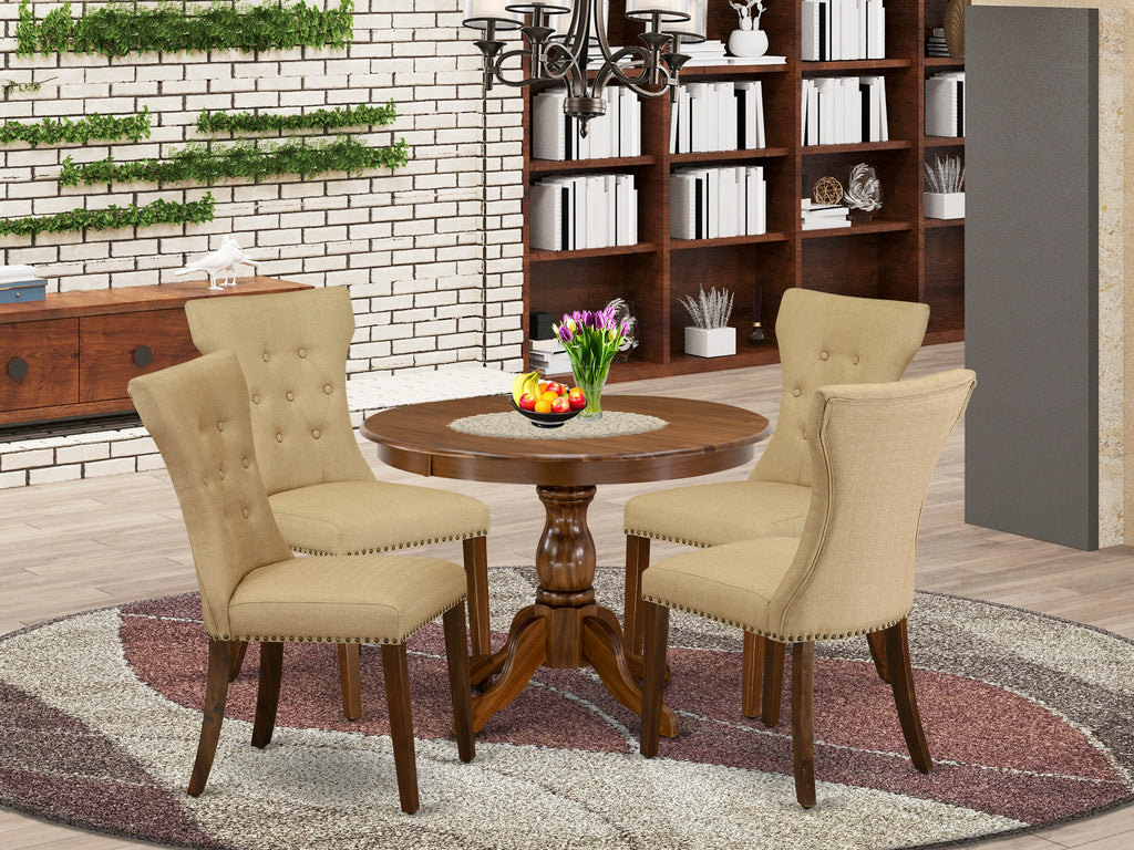 Luxurious HBGA5-C8G-EX Dining Ensemble 5-Piece Round Table and Plush Parson Chairs, Antique Walnut Charm