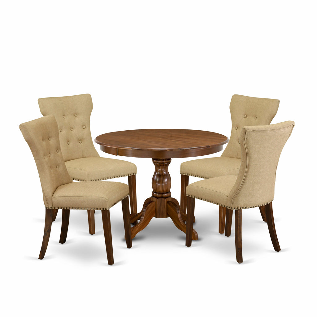 Luxurious HBGA5-C8G-EX Dining Ensemble 5-Piece Round Table and Plush Parson Chairs, Antique Walnut Charm