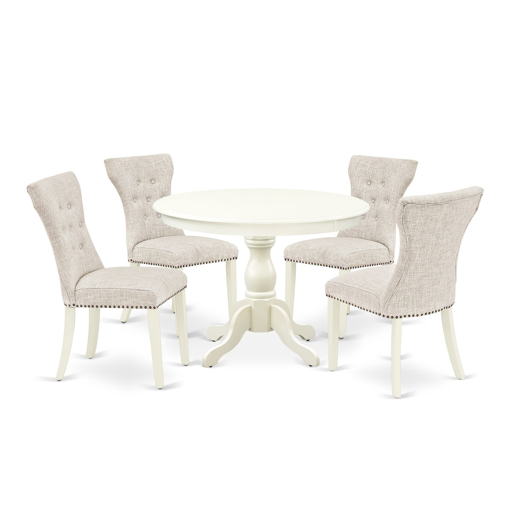 HBGA5-0FQ-KZ 5-Piece Dining Table Ensemble for Four - Round Table with Pedestal and Elegant Linen Chairs, Crisp White Finish 42x42 In.
