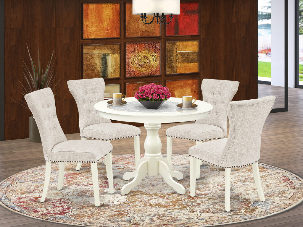 HBGA5-0FQ-KZ 5-Piece Dining Table Ensemble for Four - Round Table with Pedestal and Elegant Linen Chairs, Crisp White Finish 42x42 In.