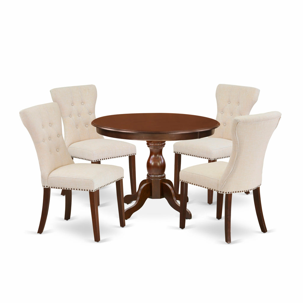 HBGA5-KDB-9Q 5 Piece Round Pedestal Dining Table Set with Beige Linen Chairs, 42-Inch Mahogany Tabletop and 4 Parson Seats