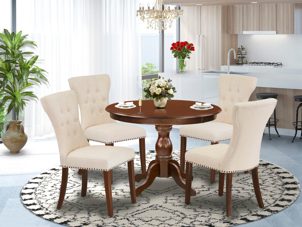 HBGA5-KDB-9Q 5 Piece Round Pedestal Dining Table Set with Beige Linen Chairs, 42-Inch Mahogany Tabletop and 4 Parson Seats