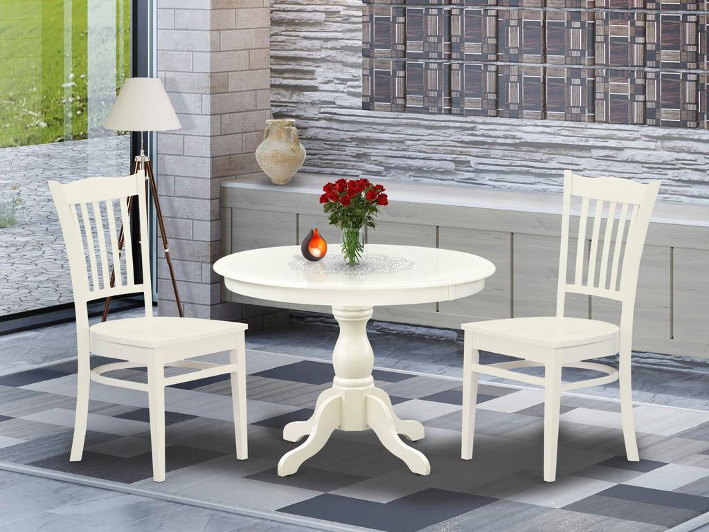 HBGR3-K2C-R Compact Dining Ensemble 3 Piece Round Table Set for Cozy Kitchens w/ 2 Chairs, 42 Linen White