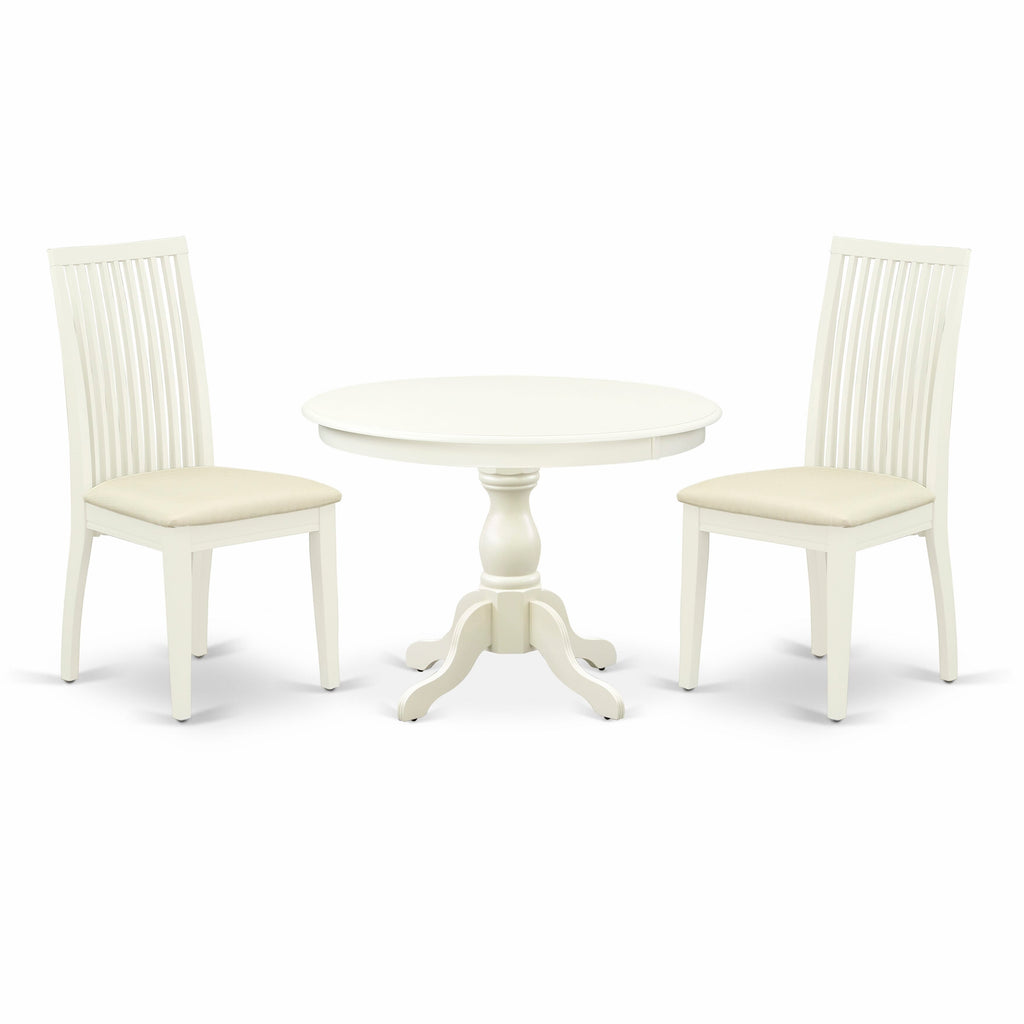 Cozy Dining Experience HBIP3-3NF-4 Compact 3-Piece Set Round Table with Pedestal and Upholstered Chairs, Ideal for Small Spaces, 42 Linen White