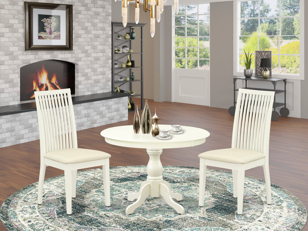 Cozy Dining Experience HBIP3-3NF-4 Compact 3-Piece Set Round Table with Pedestal and Upholstered Chairs, Ideal for Small Spaces, 42 Linen White
