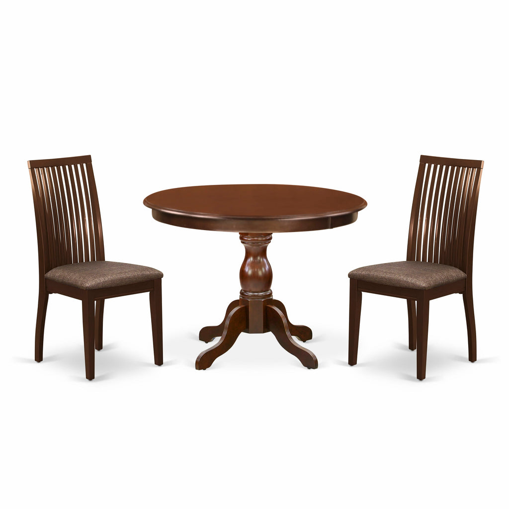 HBIP3-JY5-N 3-Piece Dinette Set Round Table with Pedestal & 2 Linen Upholstered Chairs, 42 Mahogany