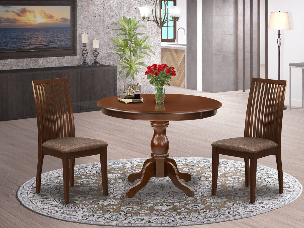 HBIP3-JY5-N 3-Piece Dinette Set Round Table with Pedestal & 2 Linen Upholstered Chairs, 42 Mahogany