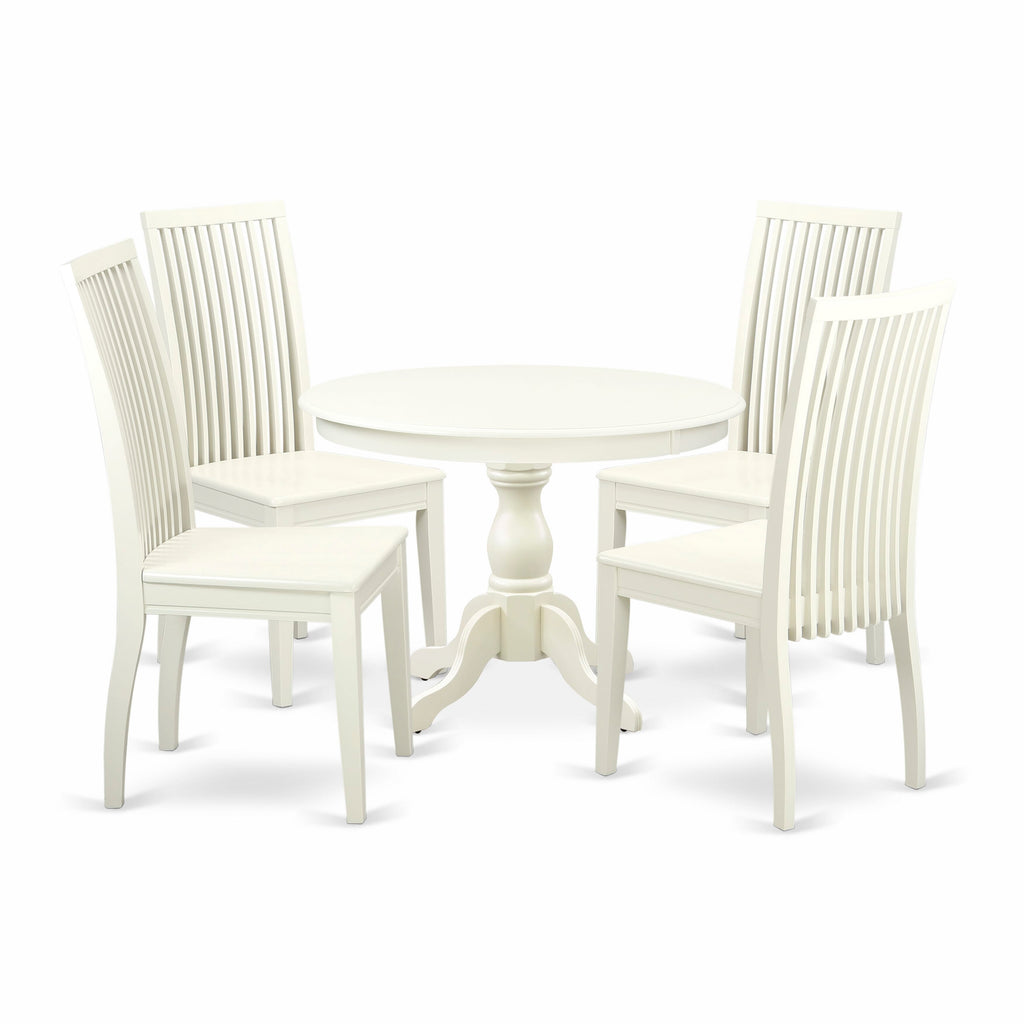 5-Piece Set HBIP5-6OV-4 Round Dining Table with Pedestal & 4 Chairs, 42x42 Inch, Linen White Finish