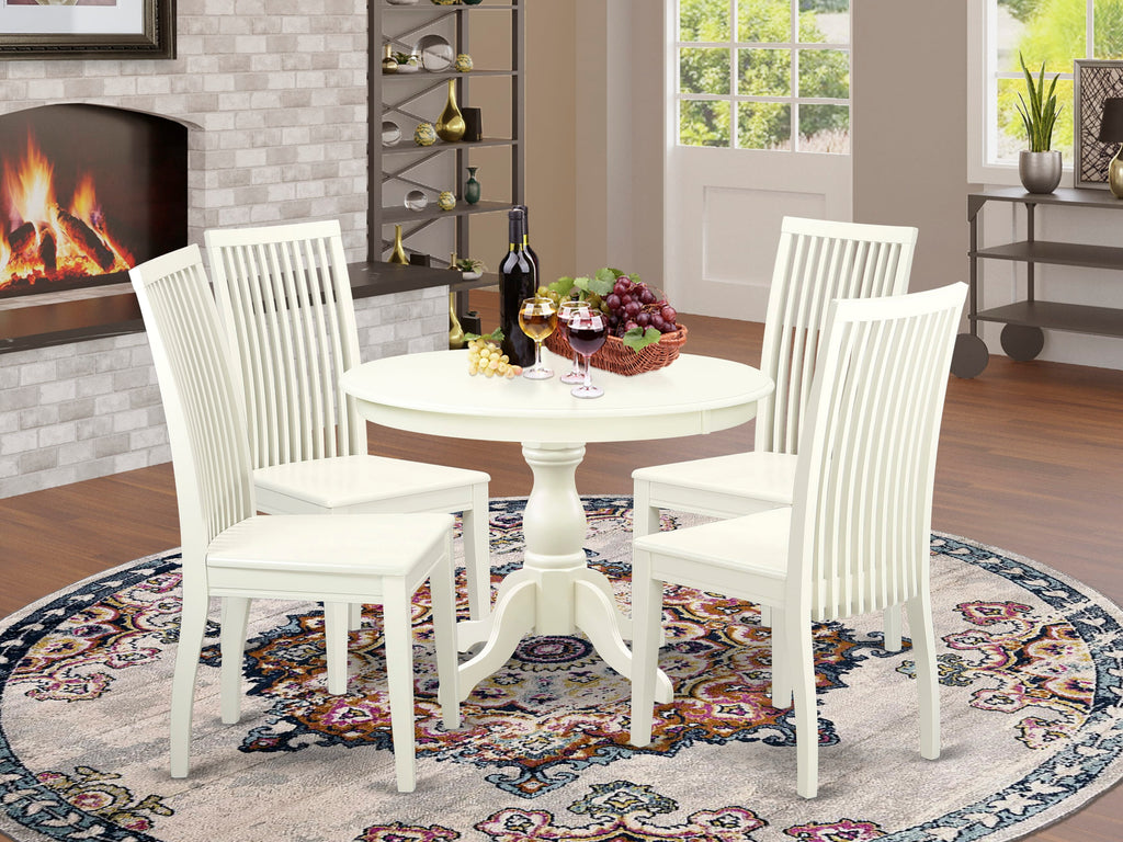 5-Piece Set HBIP5-6OV-4 Round Dining Table with Pedestal & 4 Chairs, 42x42 Inch, Linen White Finish