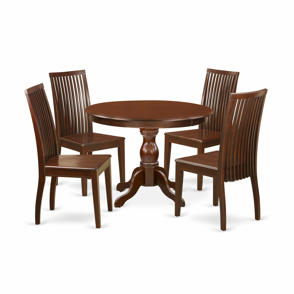 Elegant HBIP5-MPX-R Ensemble 5-Piece Dining Set with Round Pedestal Table & Wood Seat Chairs, 42x42, Rich Mahogany Finish