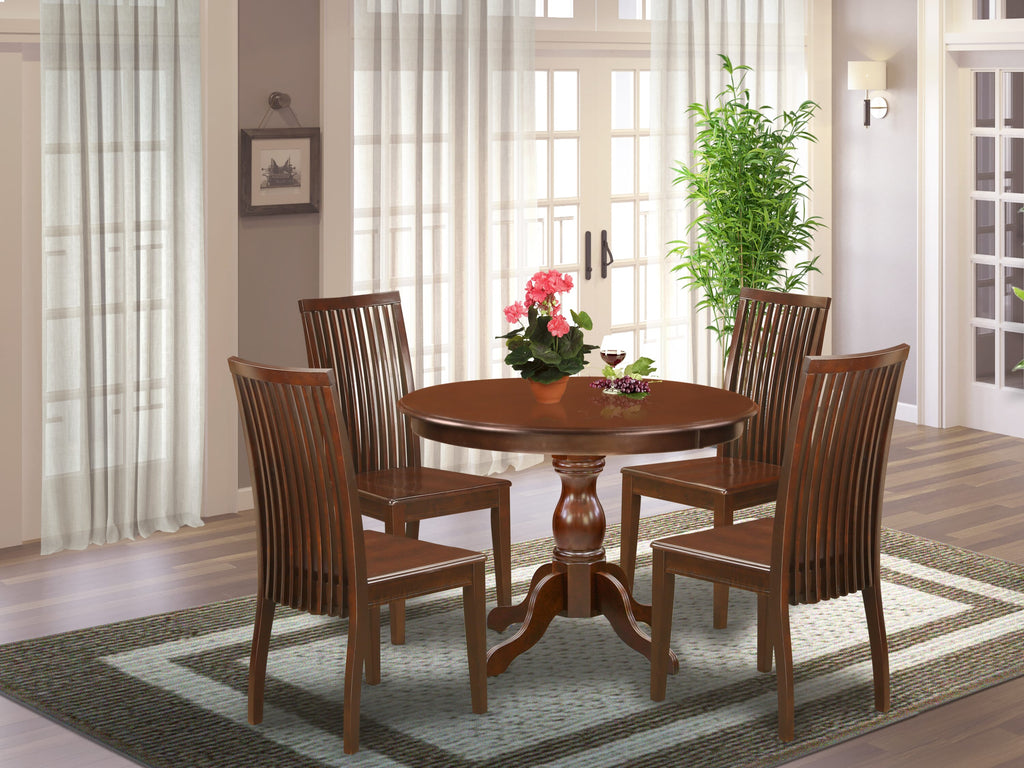 Elegant HBIP5-MPX-R Ensemble 5-Piece Dining Set with Round Pedestal Table & Wood Seat Chairs, 42x42, Rich Mahogany Finish
