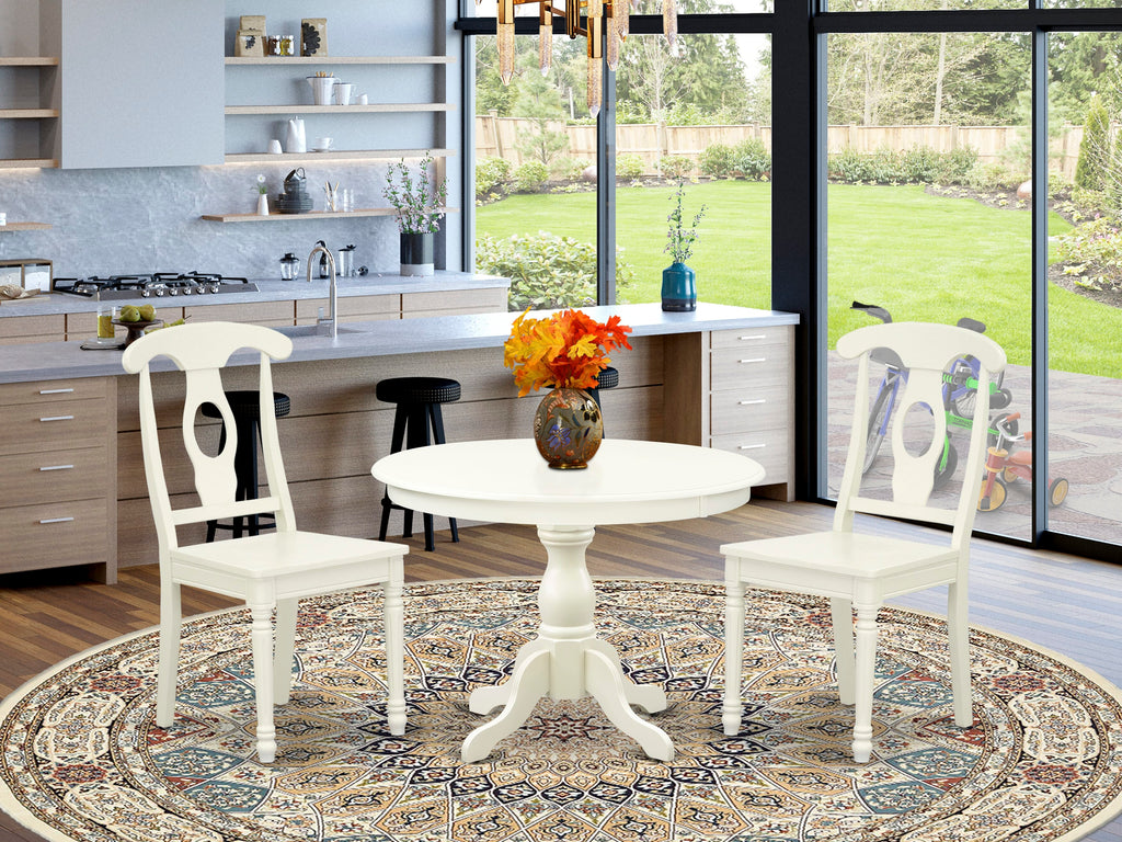 HBKE3-XA5-4 Elegant 3-Piece Dining Set with Round Pedestal Table and Two Chairs, 42in in Linen White
