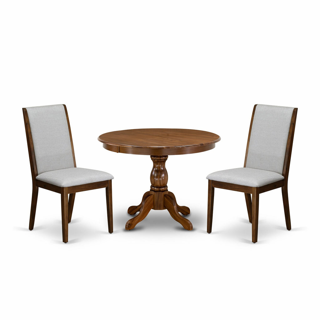HBLA3-FPB-VK 3 Piece Dining Suite with Pedestal Table and Upholstered Chairs in Grey Linen, 42 Walnut Top