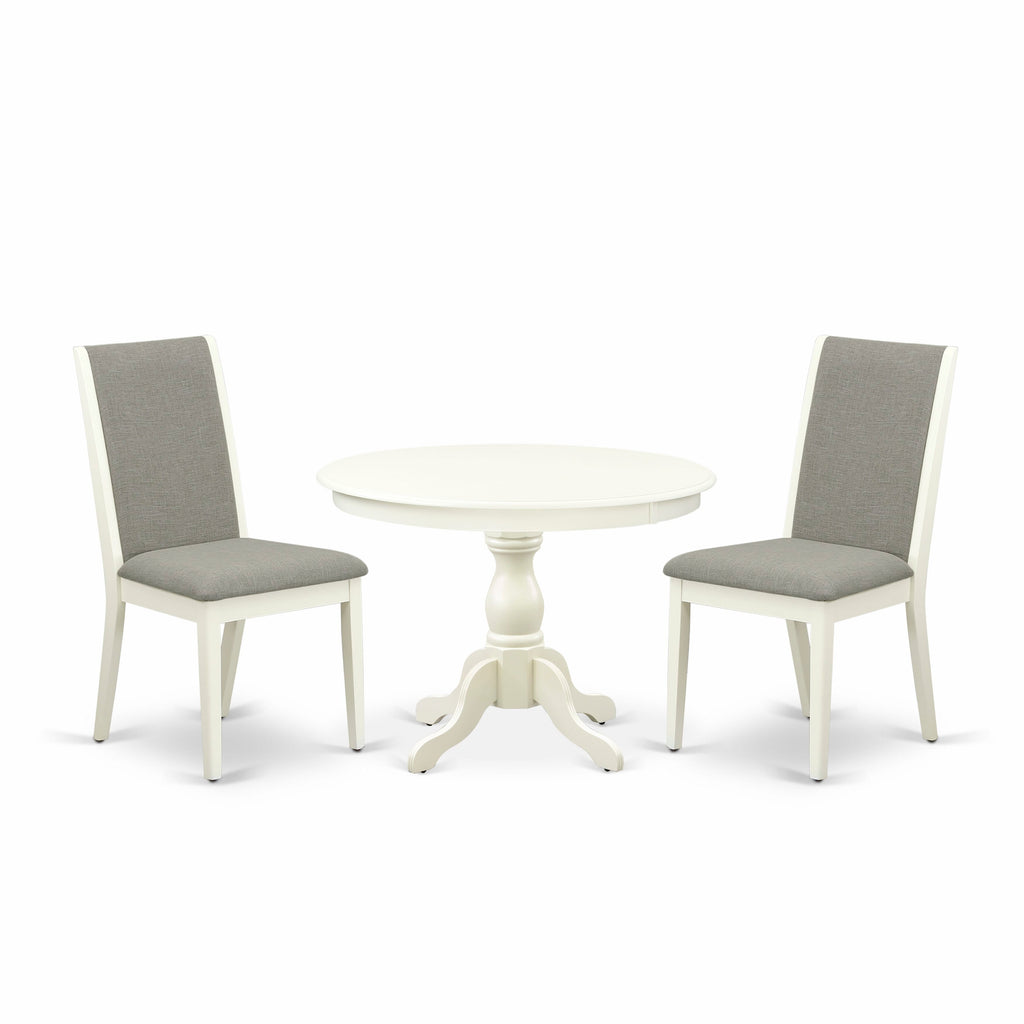 HBLA3-Q88-00 Elegant White Linen 3-Piece Dining Ensemble with Round Table and Shitake Parson Chairs