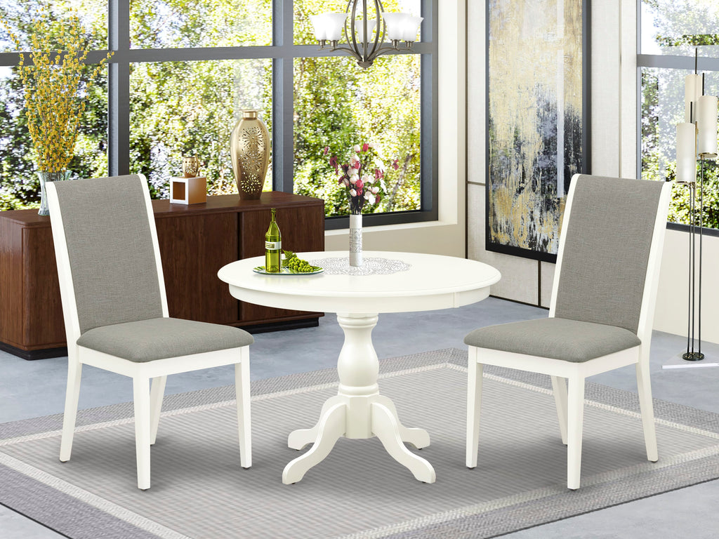 HBLA3-Q88-00 Elegant White Linen 3-Piece Dining Ensemble with Round Table and Shitake Parson Chairs
