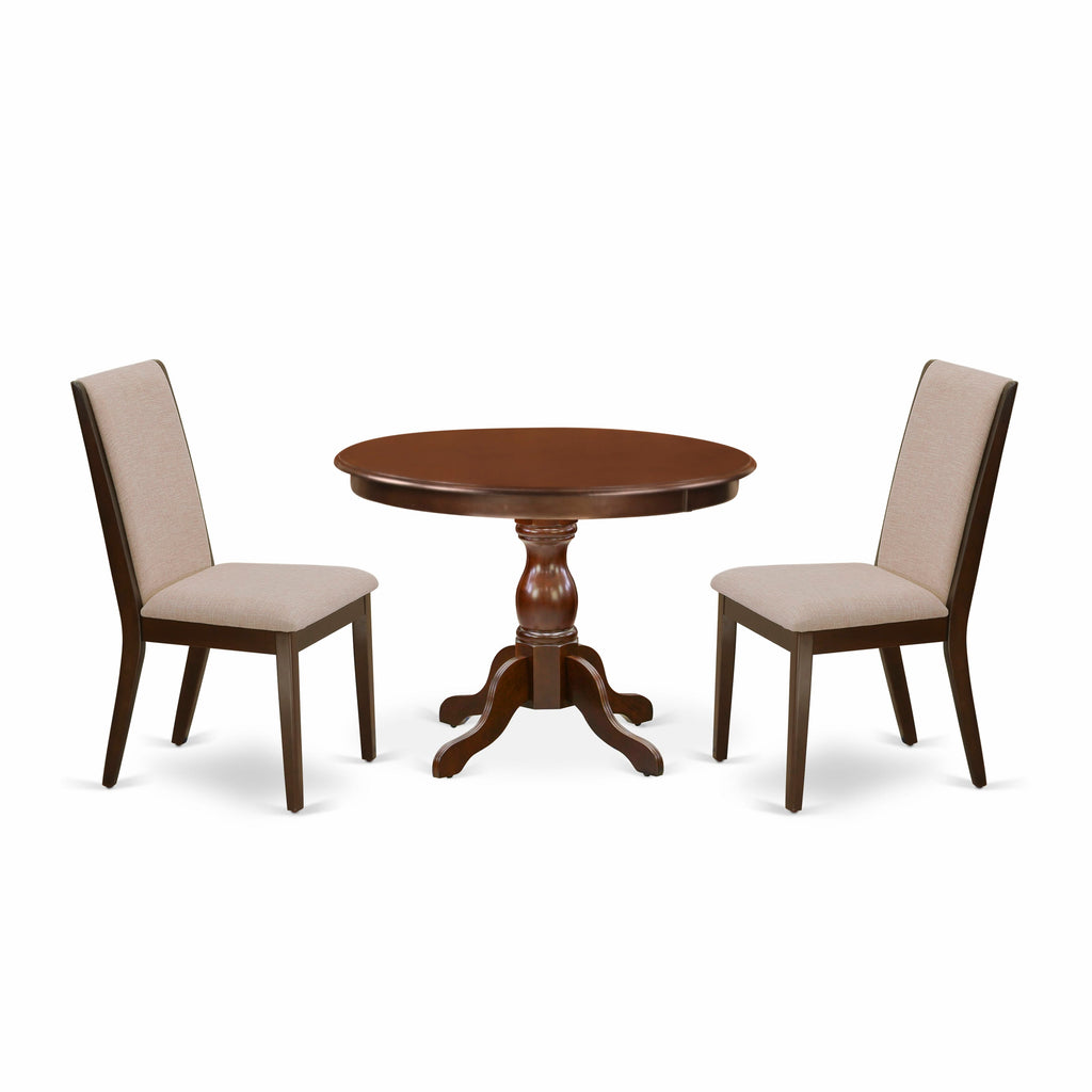 HBLA3-O76-Z3 3 Component Dining Ensemble Featuring Round Table with Pedestal and Two Tan Linen Chairs, 42x42 Inch, Mahogany Finish