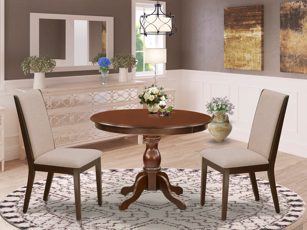 HBLA3-O76-Z3 3 Component Dining Ensemble Featuring Round Table with Pedestal and Two Tan Linen Chairs, 42x42 Inch, Mahogany Finish