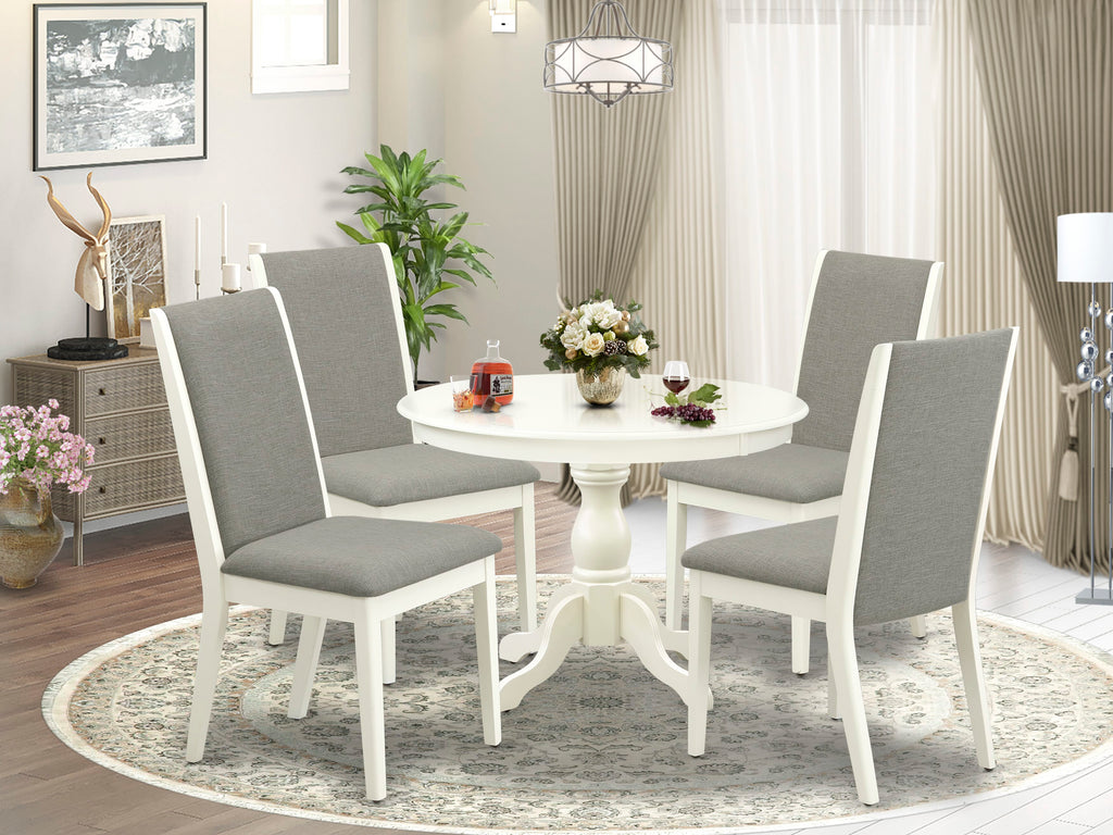 HBLA5-U1K-VW 5 Piece Set Classic Round Dining Table with Pedestal and Stylish Shitake Linen Chairs