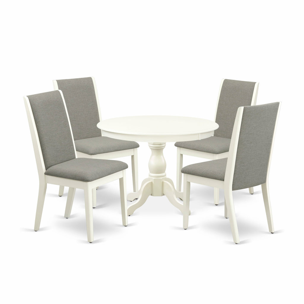 HBLA5-U1K-VW 5 Piece Set Classic Round Dining Table with Pedestal and Stylish Shitake Linen Chairs