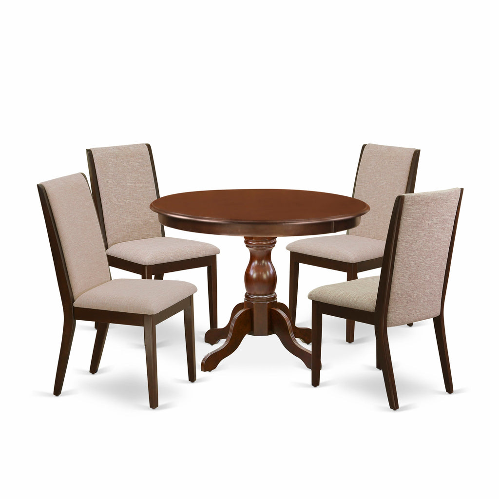 HBLA5-G5F-W8 Elegant Round Dining Table Set with Parson Chairs for Four - Stunning Light Tan Finish