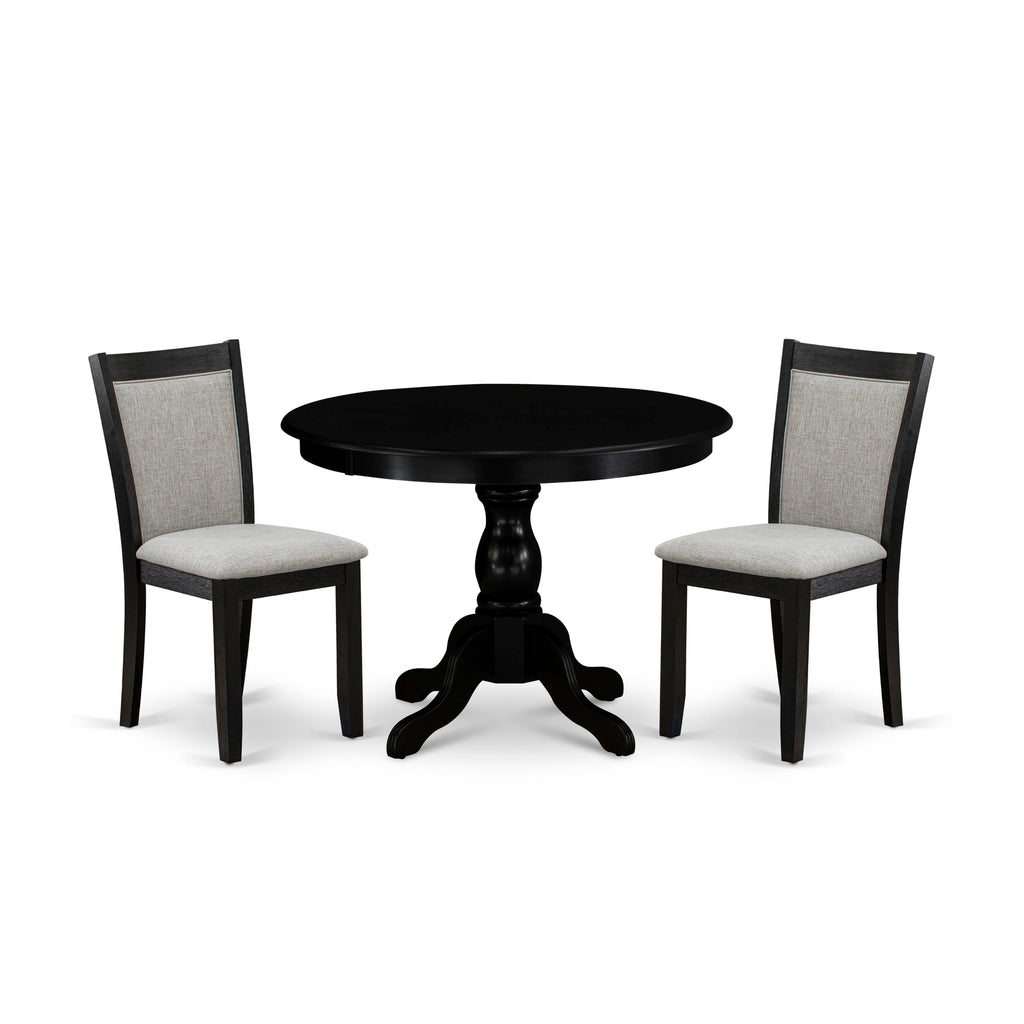 HBMZ3-W6X-T8 3 Piece Round Dining Set with Pedestal Table & 2 Upholstered Shitake Linen Chairs, 42 Wirebrushed Black
