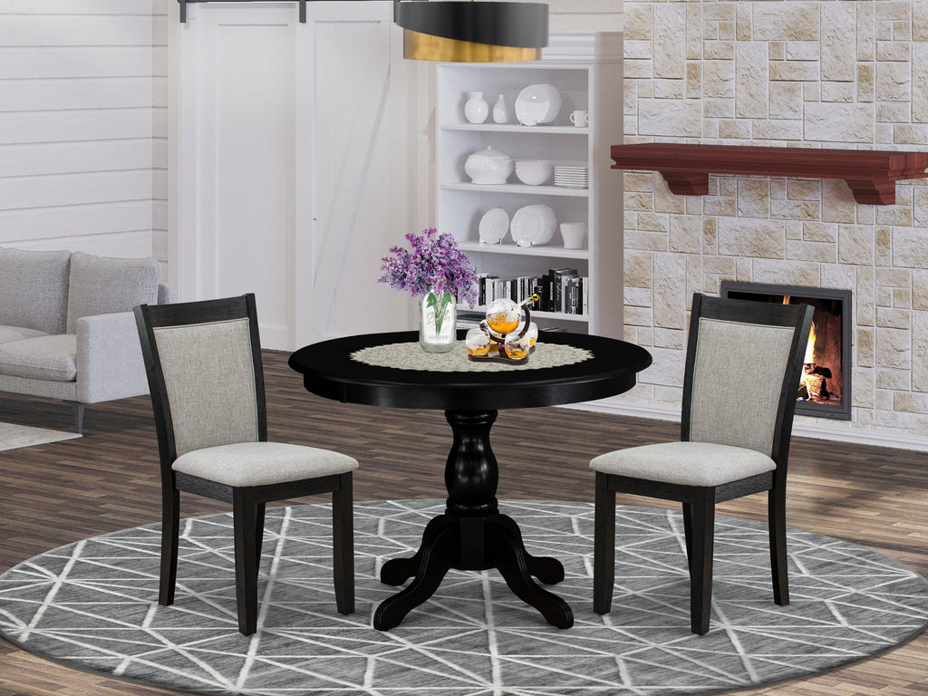 HBMZ3-W6X-T8 3 Piece Round Dining Set with Pedestal Table & 2 Upholstered Shitake Linen Chairs, 42 Wirebrushed Black