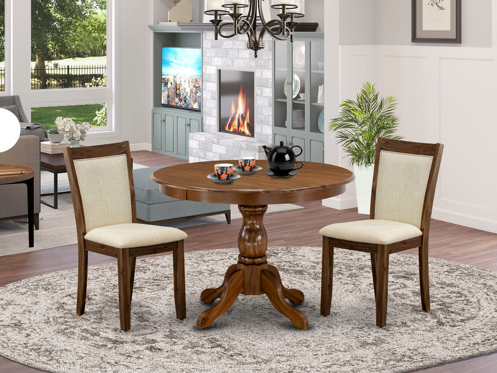 HBMZ3-U01-66 Compact 3-Piece Dining Set for Cozy Nooks with Round Table and Two Linen Chairs, Walnut Finish, 42x42