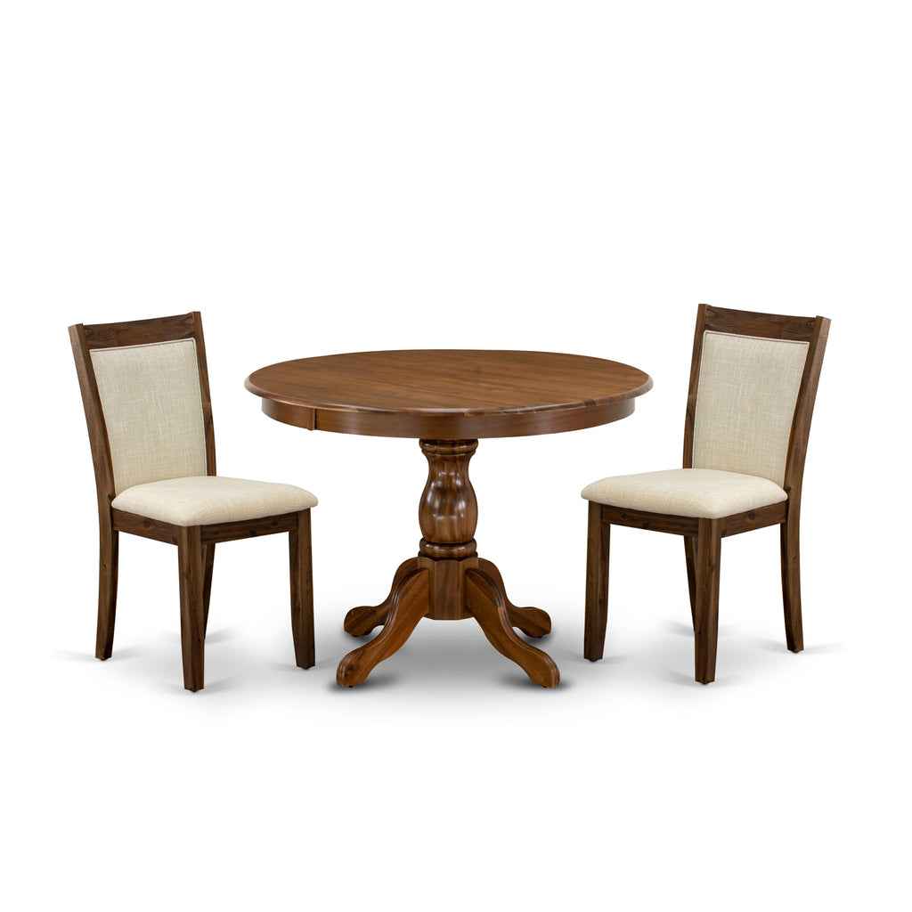 HBMZ3-U01-66 Compact 3-Piece Dining Set for Cozy Nooks with Round Table and Two Linen Chairs, Walnut Finish, 42x42