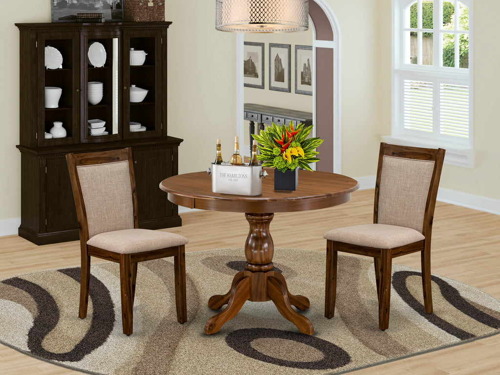 HBMZ3-EG8-2U Deluxe Round Dining Set Table with Pedestal & Upholstered Chairs in Tan Linen, 42 - Walnut