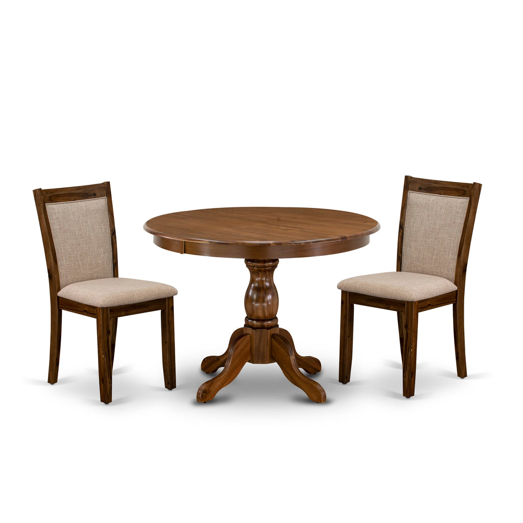 HBMZ3-EG8-2U Deluxe Round Dining Set Table with Pedestal & Upholstered Chairs in Tan Linen, 42 - Walnut