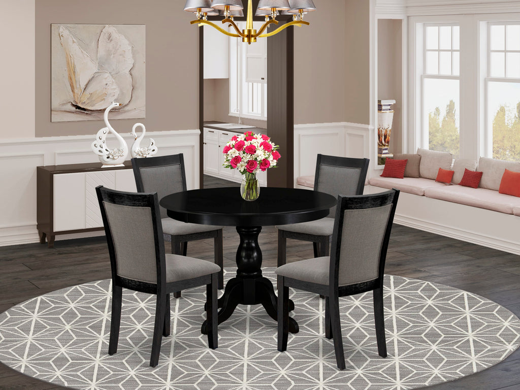 HBMZ5-05M-OF 5-Piece Dining Ensemble Round Table and 4 Gotham Grey Linen Parsons Chairs, 42x42 Black Finish