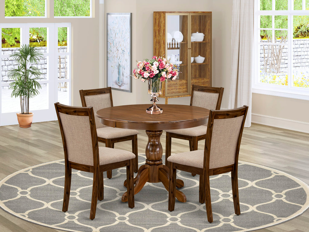 HBMZ5-5DX-E1 5 Piece Round Dining Set with Pedestal Table and Linen Fabric Chairs in Antique Walnut