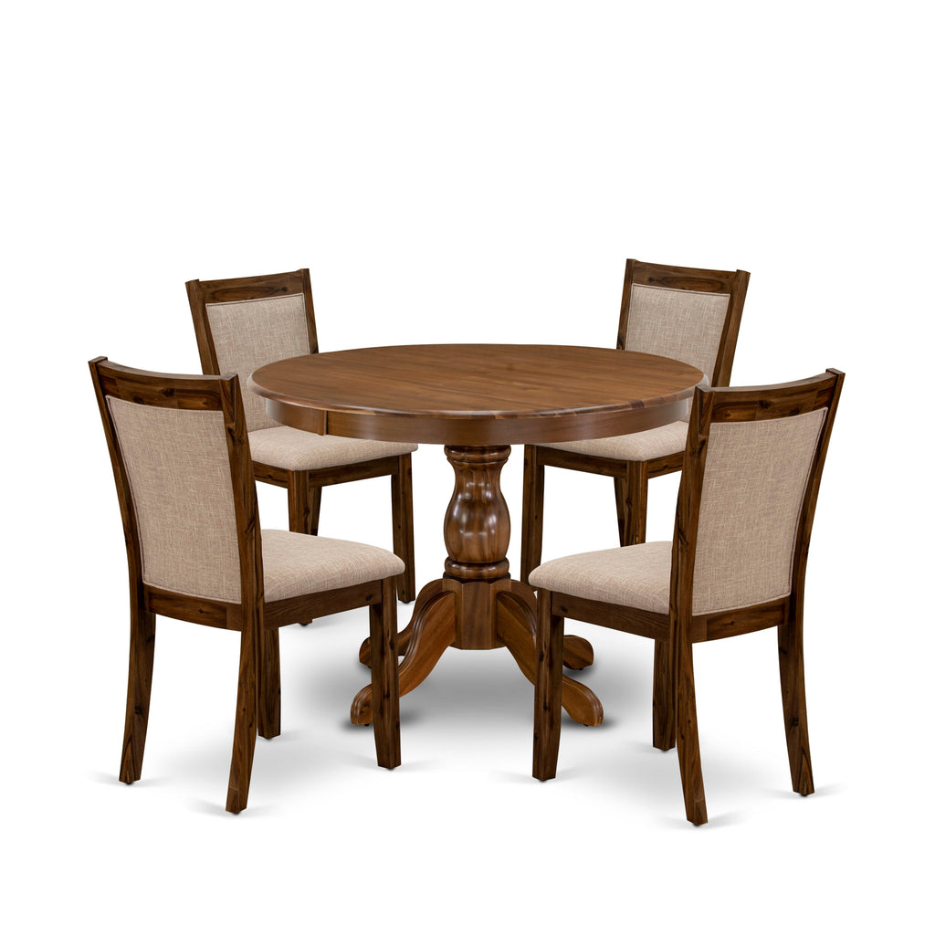 HBMZ5-5DX-E1 5 Piece Round Dining Set with Pedestal Table and Linen Fabric Chairs in Antique Walnut