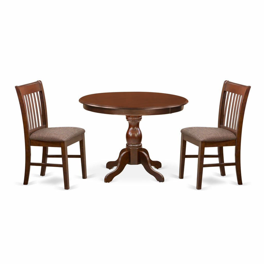 HBNF3-IFY-D 3 Piece Set Round Table & Fabric Covered Chairs for Dining Spaces, Mahogany Finish