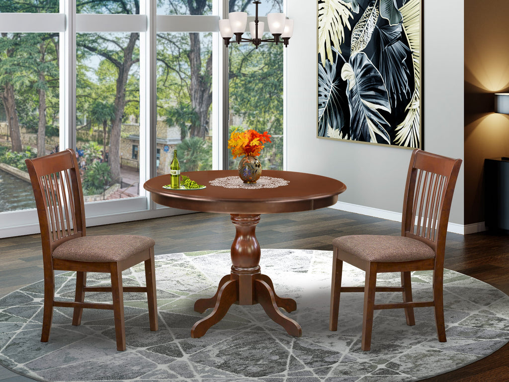 HBNF3-IFY-D 3 Piece Set Round Table & Fabric Covered Chairs for Dining Spaces, Mahogany Finish