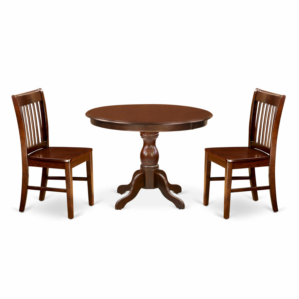 HBNF3-76Z-K 3-Piece Dining Collection Round Table with Base & 2 Chairs, Warm Mahogany Palette