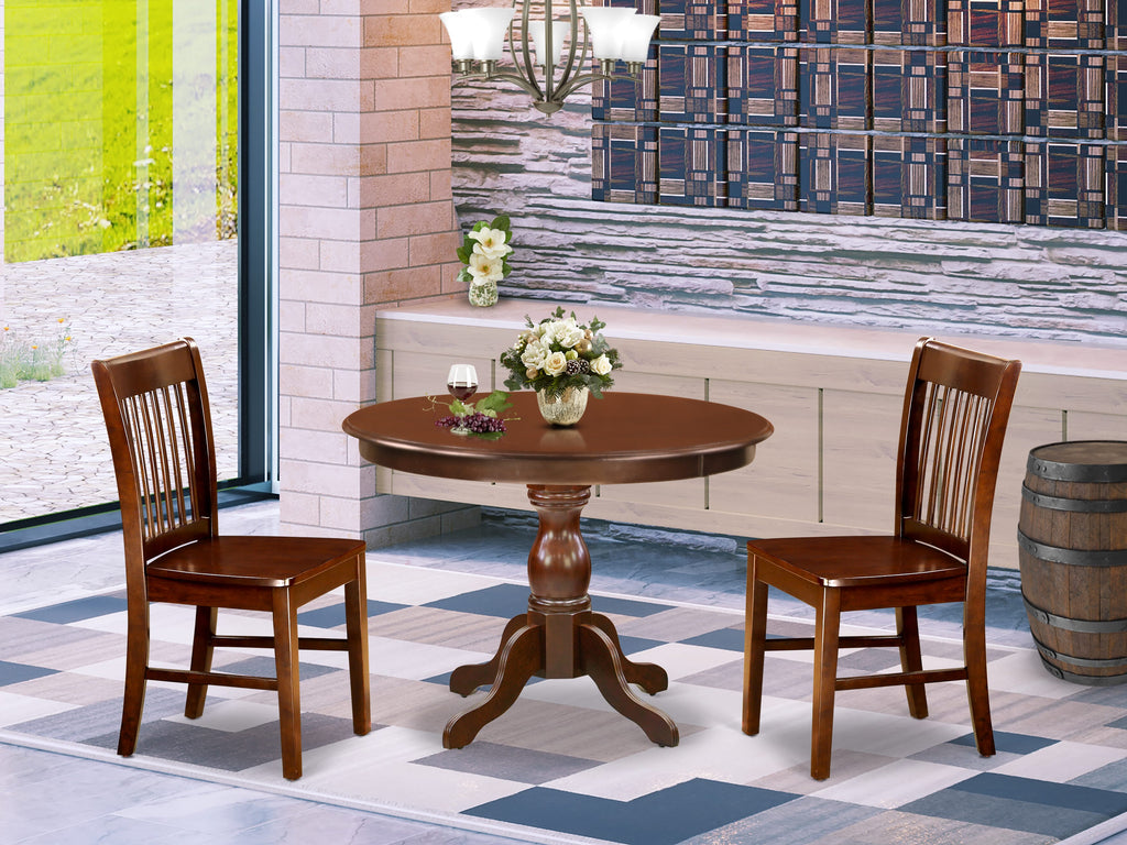 HBNF3-76Z-K 3-Piece Dining Collection Round Table with Base & 2 Chairs, Warm Mahogany Palette