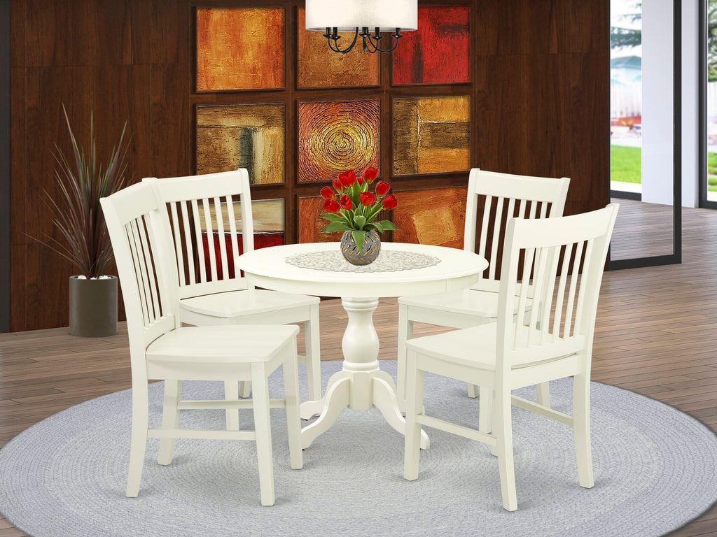 Enhance Your Dining with HBNF5-6CK-L Stylish Round Table Set with 4 Elegant Chairs, Linen White Finish