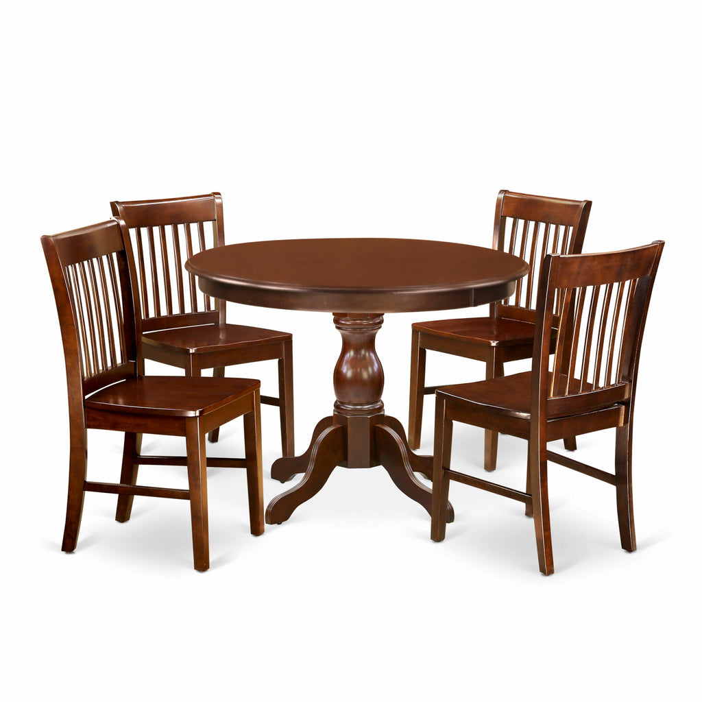 HBNF5-124-F Cozy 5-Piece Dining Ensemble with Pedestal Round Table & Sturdy Chairs, in Rich Mahogany, 42x42