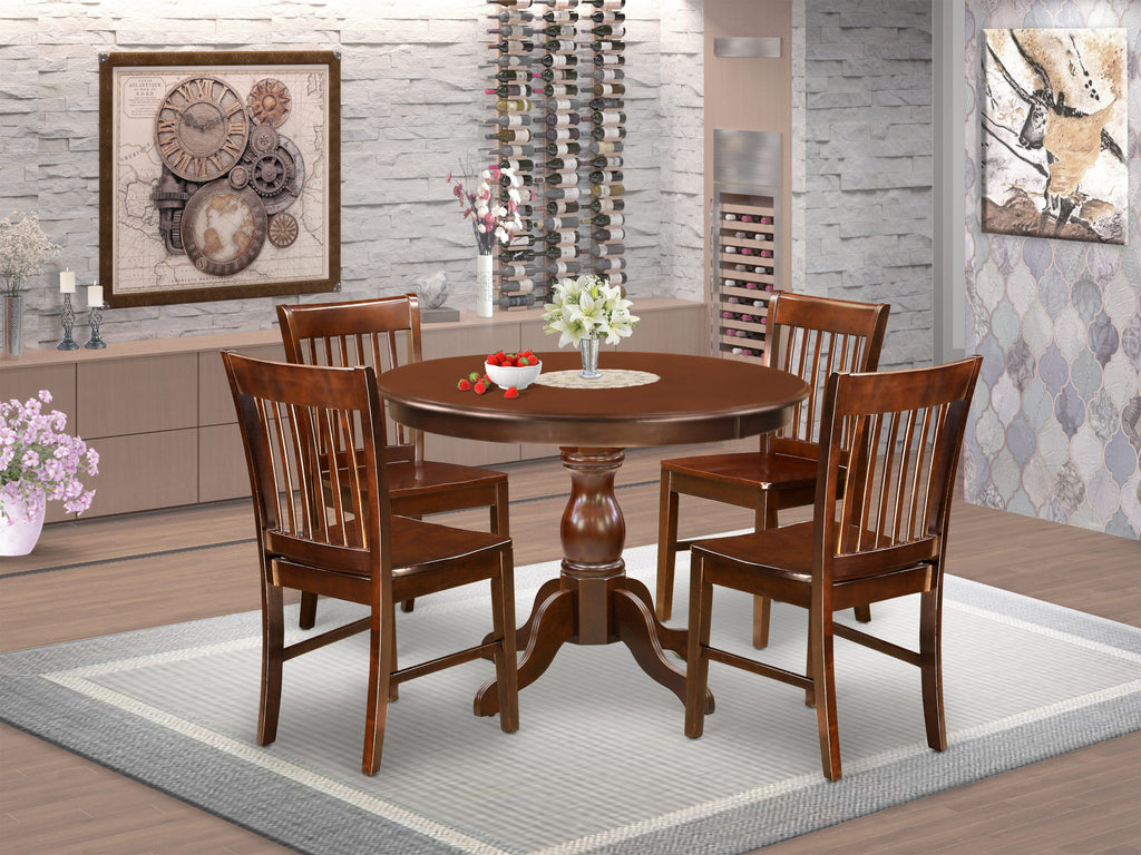 HBNF5-124-F Cozy 5-Piece Dining Ensemble with Pedestal Round Table & Sturdy Chairs, in Rich Mahogany, 42x42