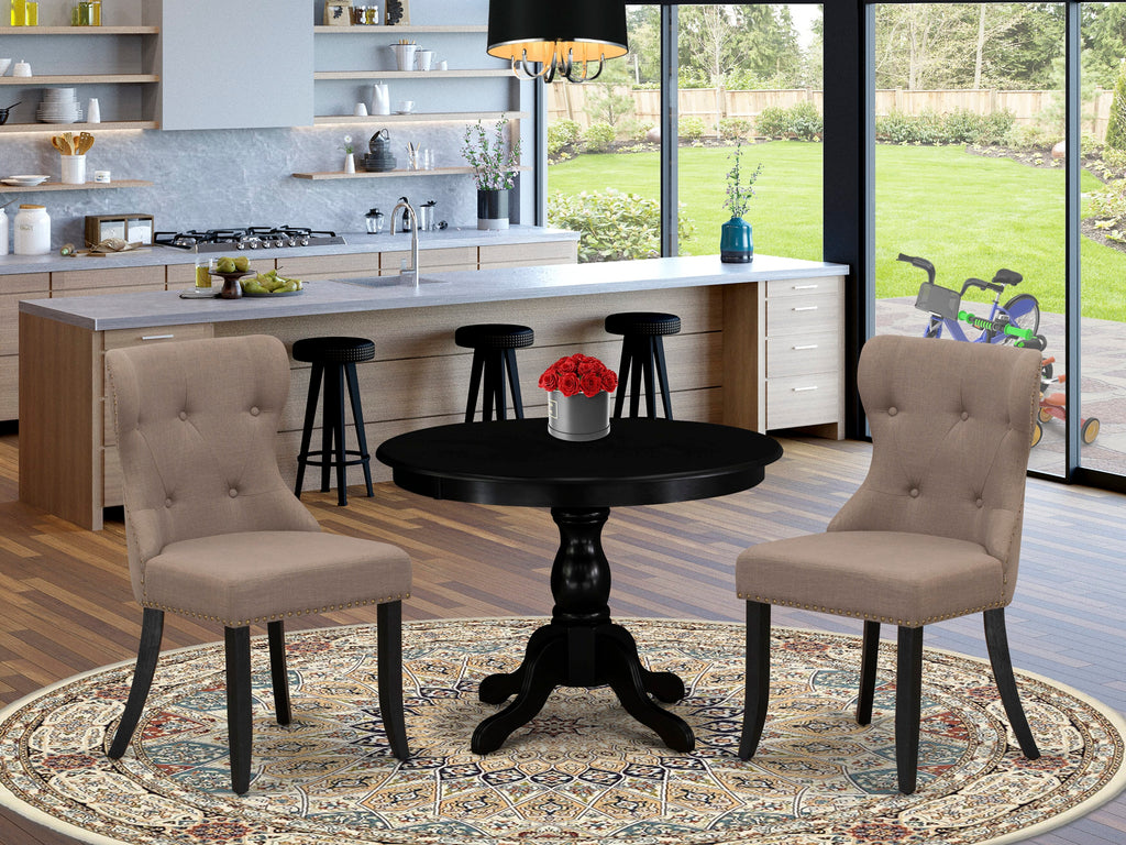 Set HBSI3-ITK-5H Round Pedestal Dining Table & 2 Coffee Upholstered Chairs, Wirebrushed Black Finish, 42
