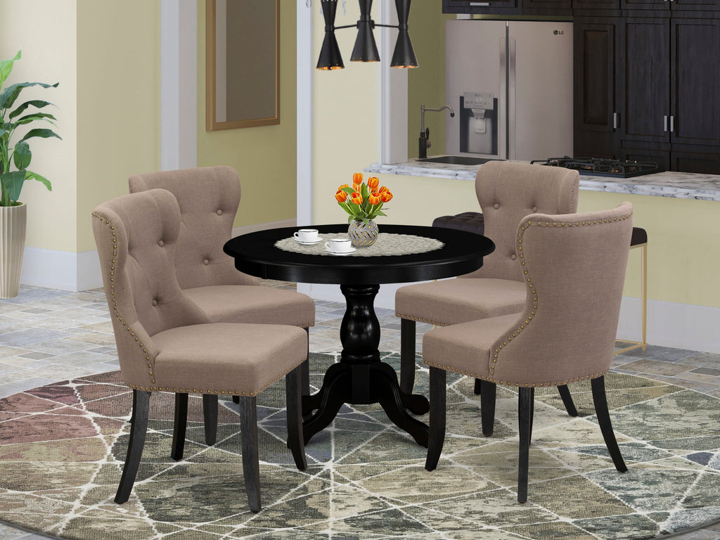 HBSI5-3HI-12 Five-Piece Set with Round Dining Table, Pedestal & Coffee Upholstered Seats
