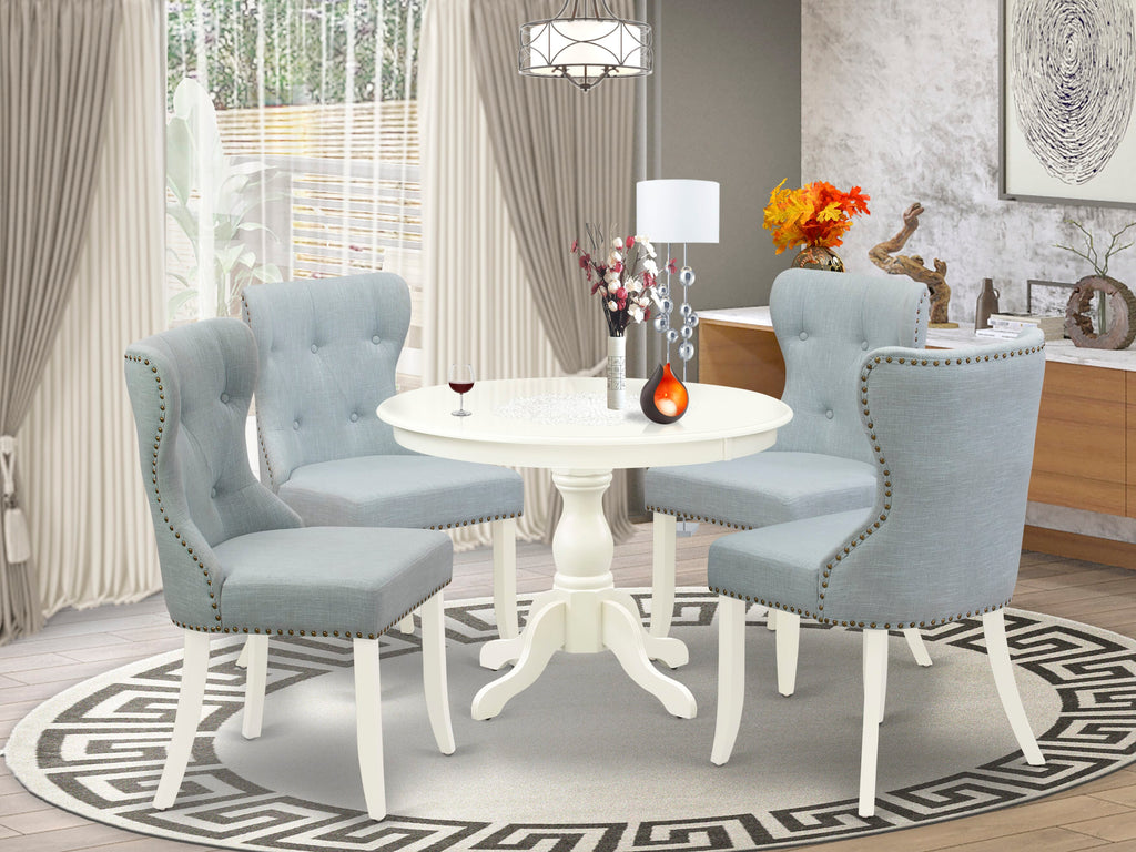 HBSI5-9AC-3X Stunning 5 Pc Dining Ensemble Pedestal Table & 4 Baby Blue Linen Chairs, 42x42, Linen White