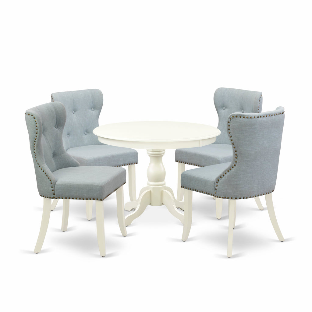 HBSI5-9AC-3X Stunning 5 Pc Dining Ensemble Pedestal Table & 4 Baby Blue Linen Chairs, 42x42, Linen White