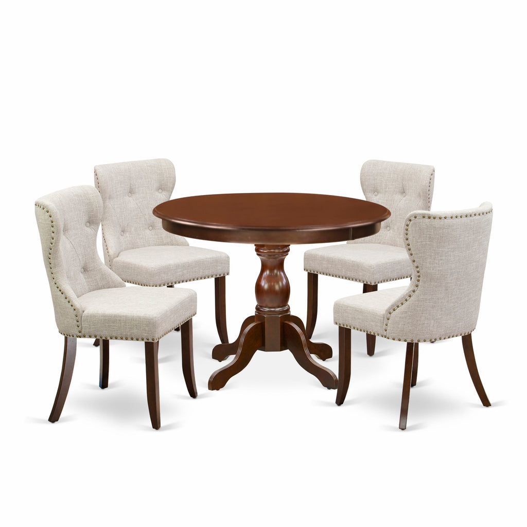 HBSI5-VLN-WE 5-Piece Dining Set with Round Pedestal Table & 4 Doeskin Fabric Chairs, 42-Inch