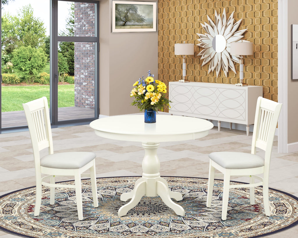 HBVA3-M10-O 3-Piece Dining Ensemble Pedestal Table & Upholstered Chairs, 42x42 in, Linen White