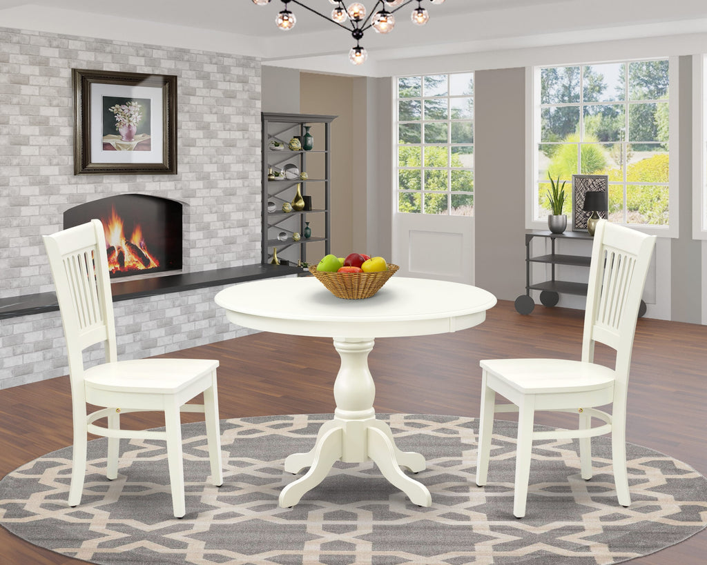 HBVA3-CO0-1 42 Round Dining Table Set with Pedestal and Two Wood Seat Chairs in Light Finish
