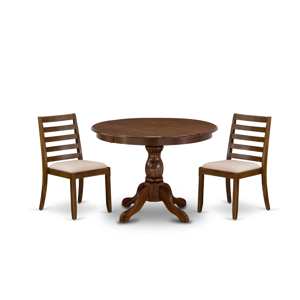 HBX13-H8I-7E 3-Piece Dining Ensemble Round Table & 2 Stackable Linen Chairs in Antique Walnut